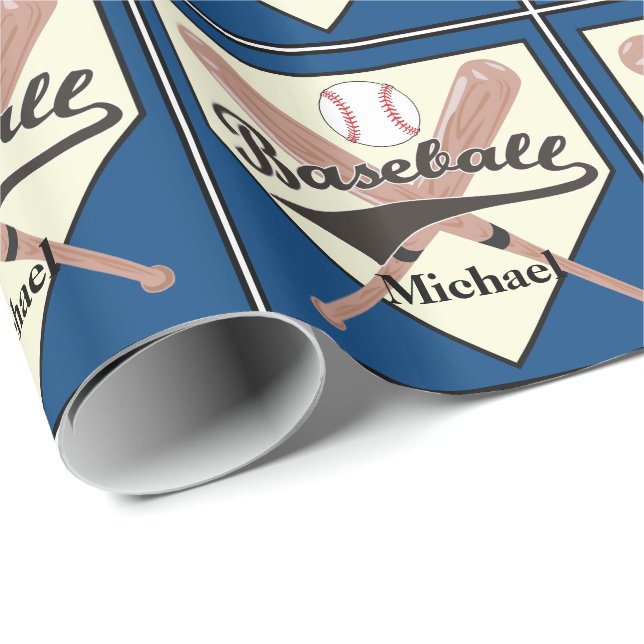Baseball Bat And Ball Personalized Blue Gift Wrapping Paper (Roll Corner)