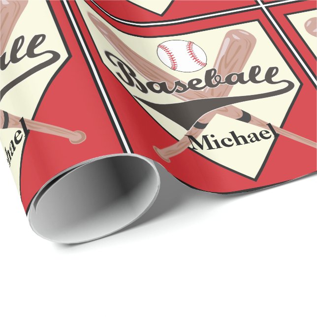 Baseball Bat And Ball Personalized Red Gift Wrapping Paper (Roll Corner)