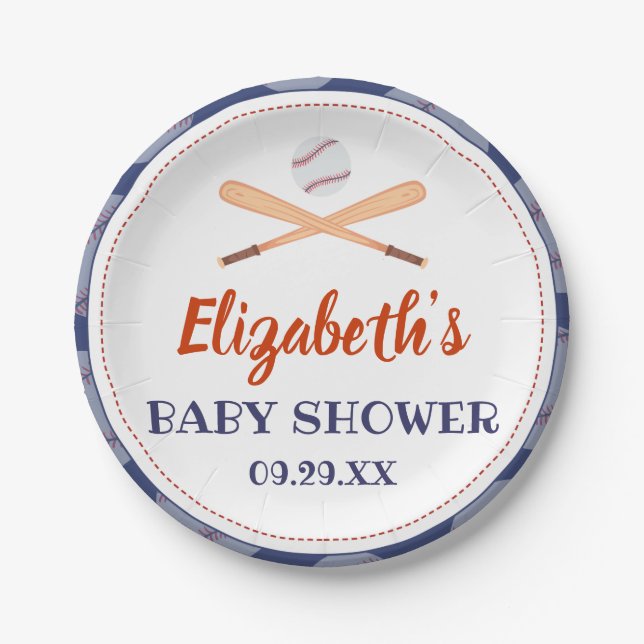 Baseball Bat Ball Stamp Its A Baby Boy Baby Shower Paper Plates (Front)