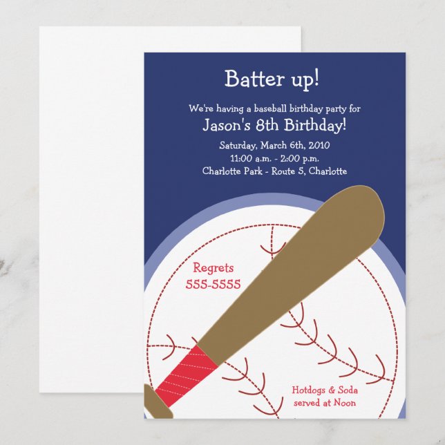 BASEBALL & Bat Batter Up KIDS Birthday Invitation (Front/Back)