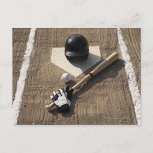 Baseball, bat, batting gloves and baseball postcard
