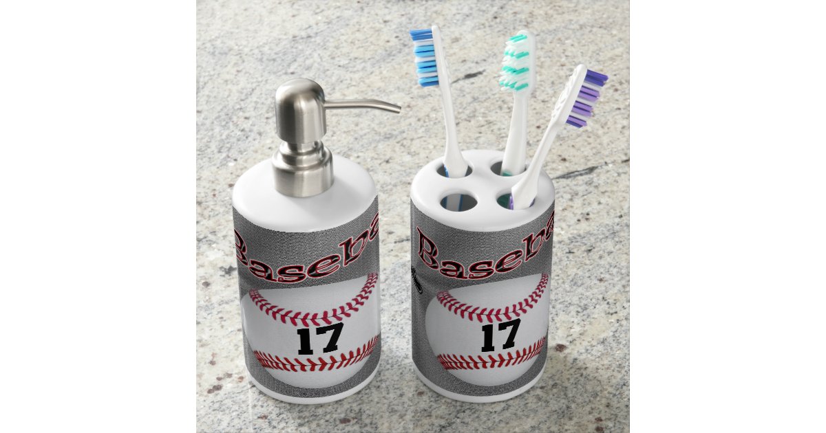 Baseball Bathroom Accessories Your Jersey Number Soap Dispenser Baseball Bathroom Accessories Your Jersey Number Soap Dispenser And Toothbrush Holder Zazzle