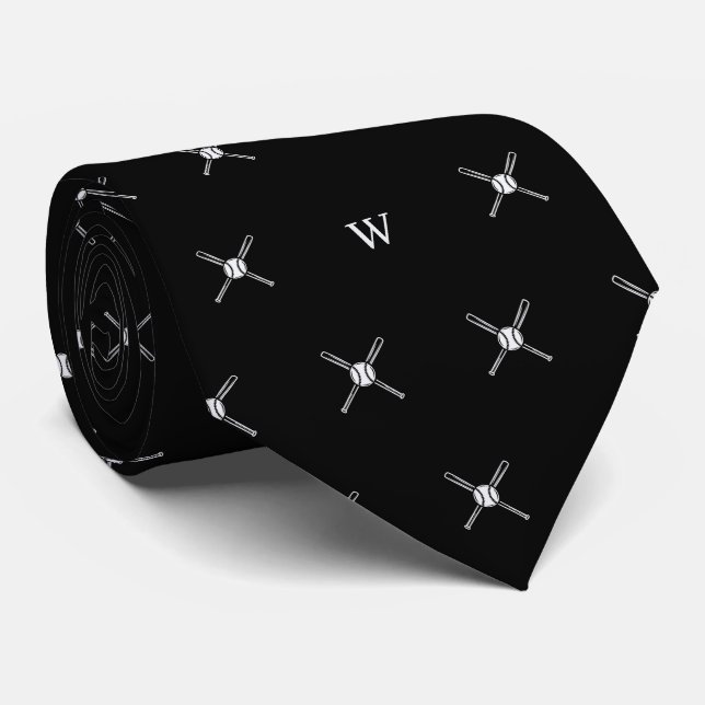 Baseball Bats Ball Monogram Initials Black & White Neck Tie (Rolled)