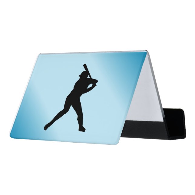 Baseball Batter Blue Sports Desk Business Card Holder (Angled Back)