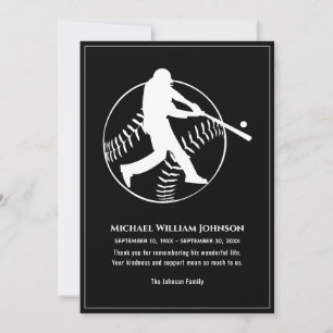 Baseball Batter Funeral Memorial Black And White Thank You Card