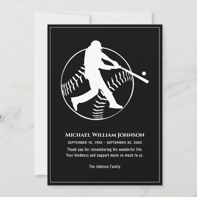 Baseball Batter Funeral Memorial Black And White Thank You Card (Front)