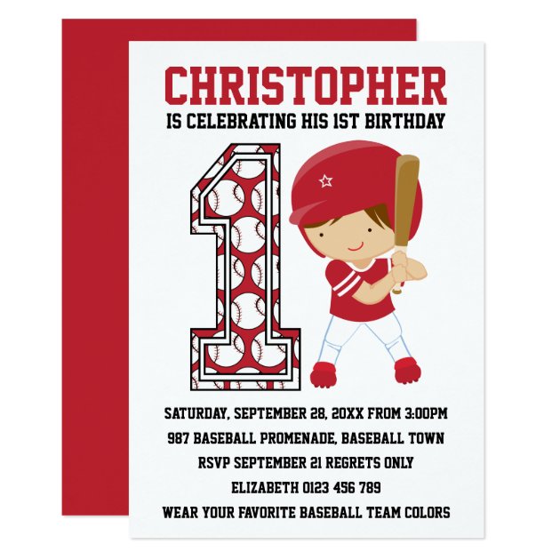 Baseball Batter Red White 1st Birthday Party Invitation