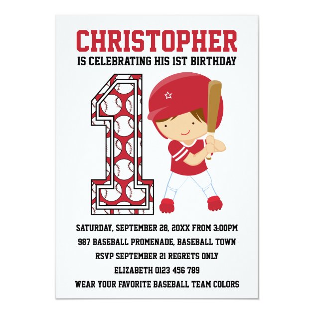 Baseball Batter Red White 1st Birthday Party Invitation