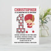 Baseball Batter Red White 1st Birthday Party Invitation (Standing Front)
