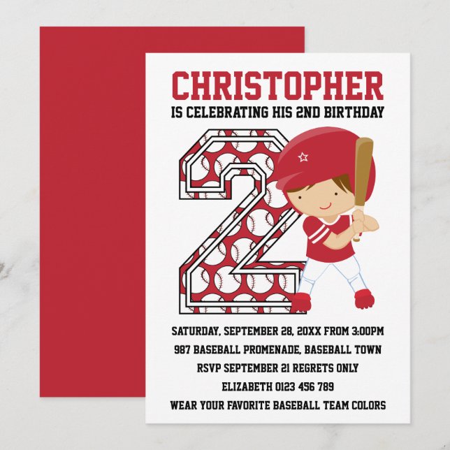 Baseball Batter Red White 2nd Birthday Party Invitation (Front/Back)