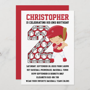 Baseball Batter Red White 2nd Birthday Party Invitation