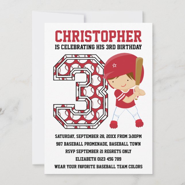 Baseball Batter Red White 3rd Birthday Party Invitation (Front)