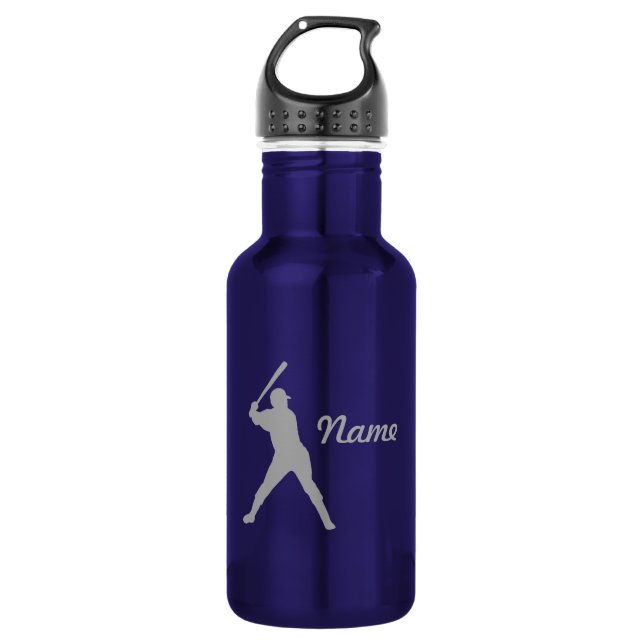 Baseball Batter Silhouette, Personalized Name Stainless Steel Water Bottle (Front)