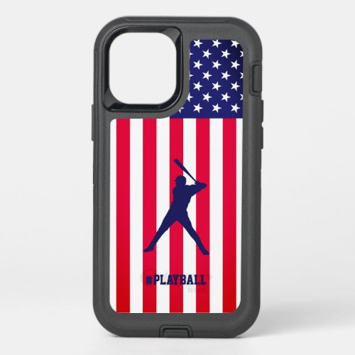 Baseball Batter Silhouette US Flag Playball OtterBox Defender iPhone 12 Pro Case