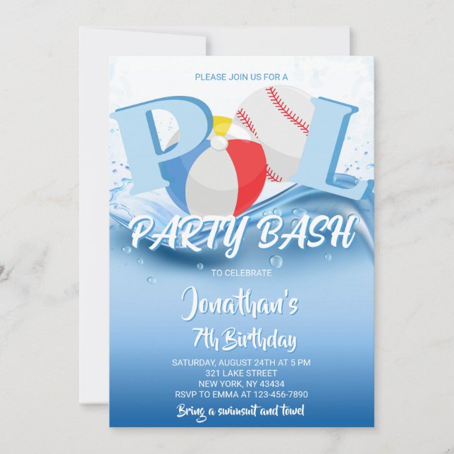 Baseball Beach Ball Pool Party Bash Birthday Invitation (Front)