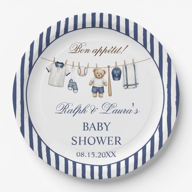 Baseball Bear Baby Shower  Paper Plates (Front)