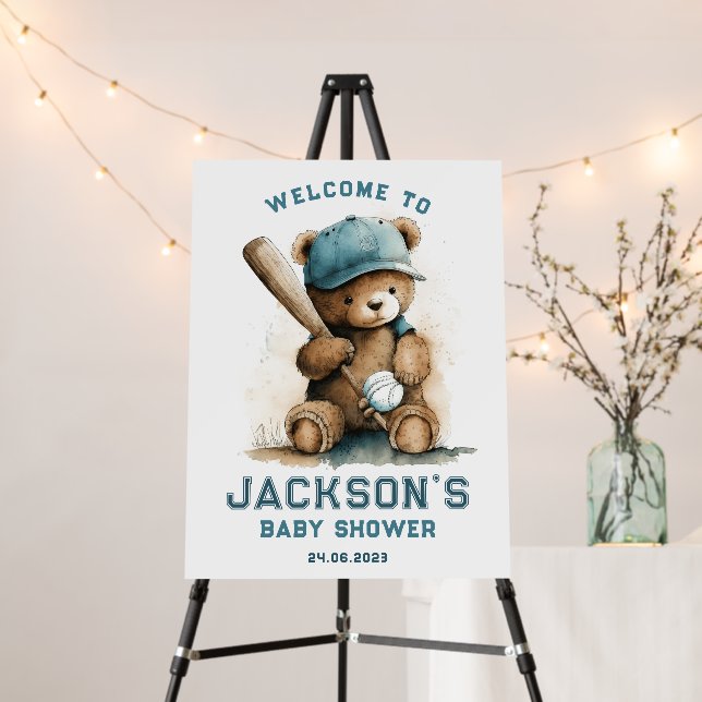 Baseball Bear Boy Personalized Welcome Baby Shower Foam Board (In Situ (Stand))