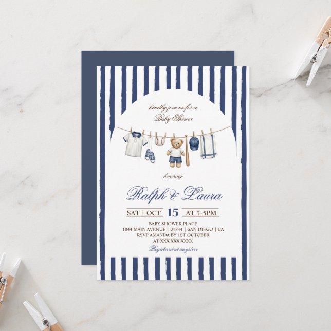 Baseball Bear Clothesline Baby Shower Invitation (Front/Back In Situ)