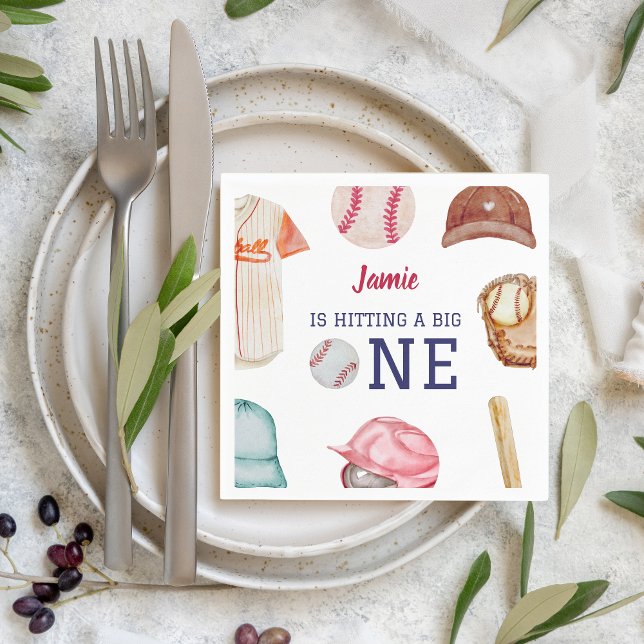 Baseball Big One Boy 1st Birthday Napkins (Hitting a Big One Baseball 1st Birthday Napkin)