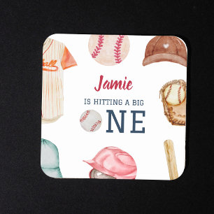 Baseball Big One Boy 1st Birthday Square Paper Coaster