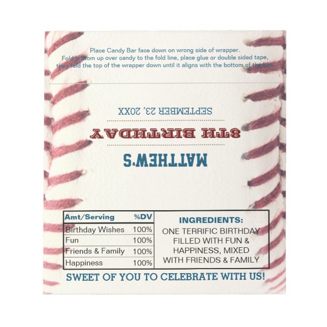 Baseball Birthday Favor Chocolate Candy Wrappers Notepad (Front)