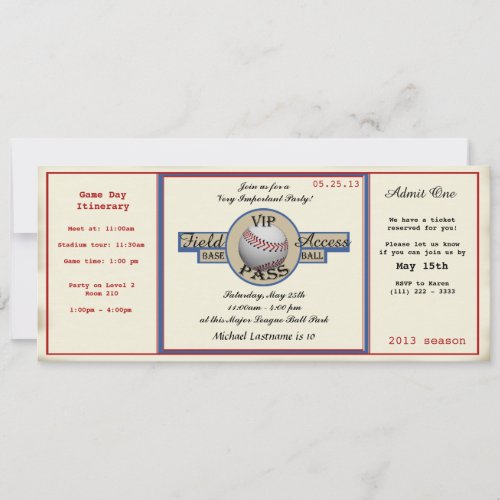 Baseball Birthday Field Pass Personalized Invites