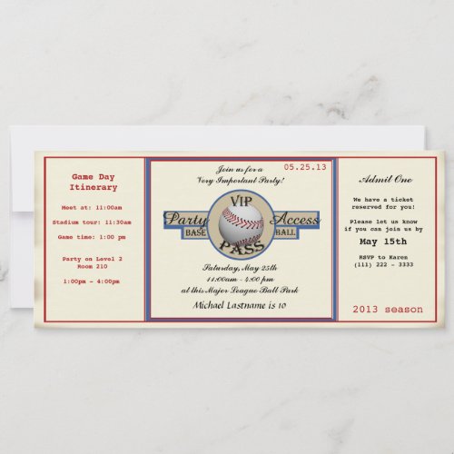 Baseball Birthday Field Pass Party Access Custom Invitation