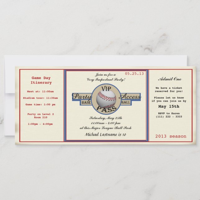 Baseball Birthday Field Pass Party Access Invitation (Front)