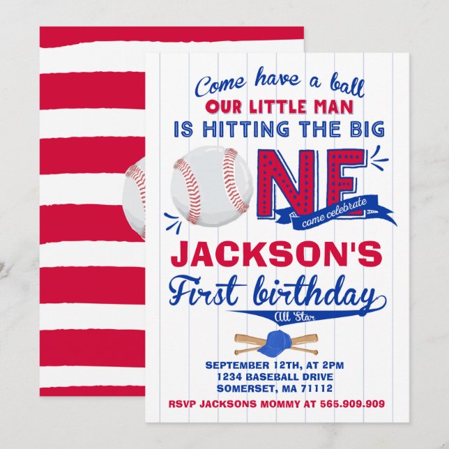 Baseball Birthday Invitation Baseball 1st Birthday (Front/Back)