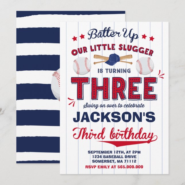 Baseball Birthday Invitation Baseball 3rd Birthday (Front/Back)