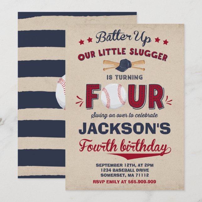 Baseball Birthday Invitation Baseball 4th Birthday (Front/Back)