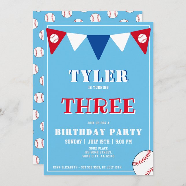 Baseball Birthday Invitation Boy 3rd Birthday (Front/Back)