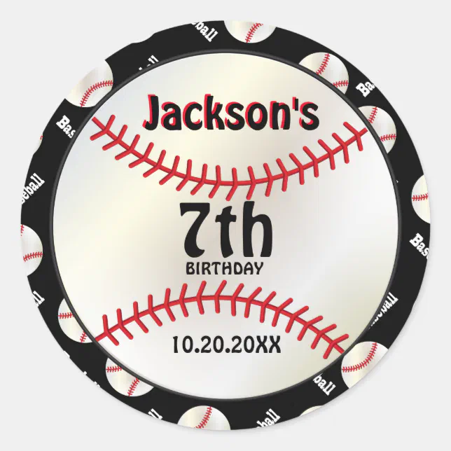 Baseball Birthday on Black | Personalize Classic Round Sticker | Zazzle