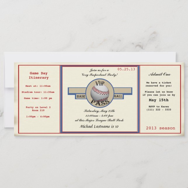 Baseball Birthday Party Pass Invitation (Front)