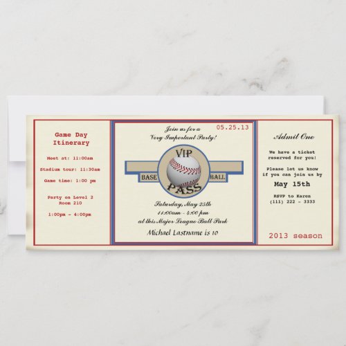Baseball Birthday Party Pass Personalized Invites
