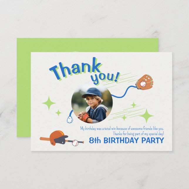 Baseball Birthday Party Photo Thank You Card (Front/Back)