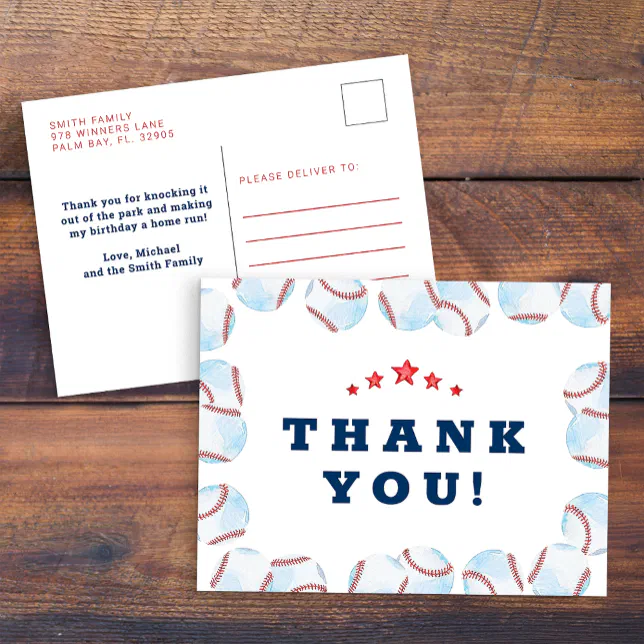 Baseball Birthday Party Thank You Postcard | Zazzle