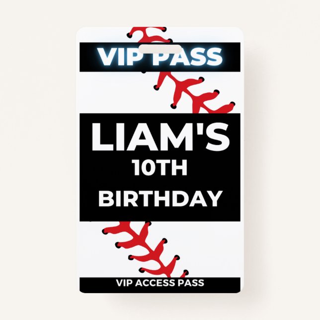 Baseball birthday Party VIP Pass Badge (Front)