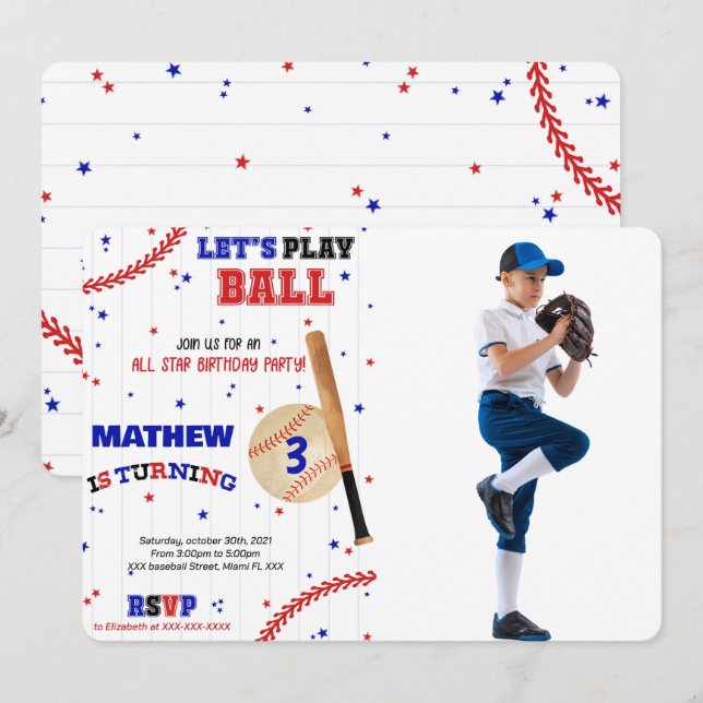 Baseball Birthday Photo Invitation (Front/Back)