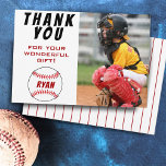 Baseball Birthday Photo Kids Baseball Thank You Card<br><div class="desc">Baseball birthday thank you card with photo, thank you message, name and baseball balls. The card is in white, red and black color scheme. On the back of the card are red stripes on white. Photo thank you card - add your kids photo into the template. Personalize the card with...</div>