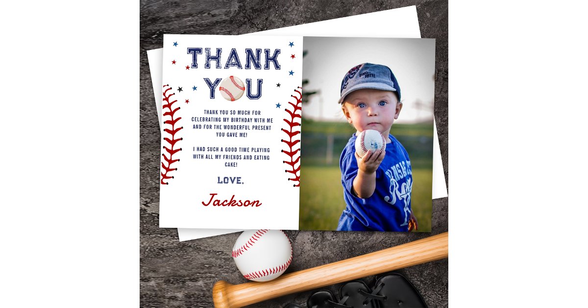 Baseball Birthday Photo Thank You Card | Zazzle