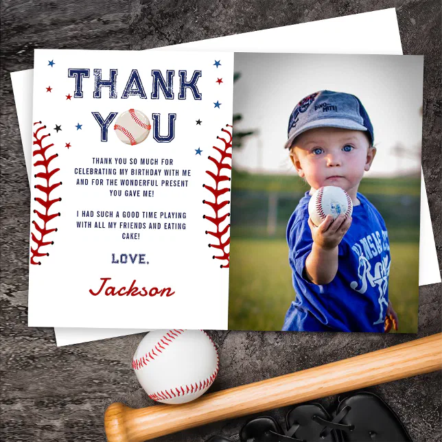 Baseball Birthday Photo Thank You Card | Zazzle