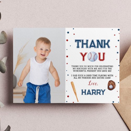 Baseball Birthday Photo Thank You Card Batter Up