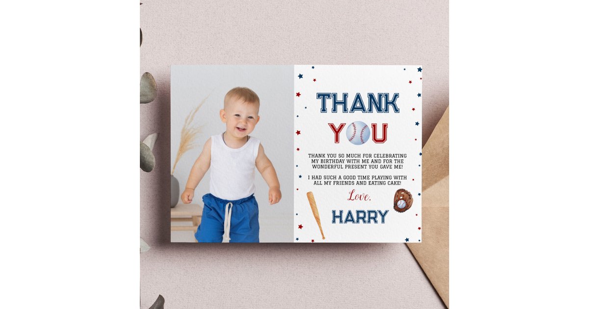 Baseball Birthday Photo Thank You Card Batter Up | Zazzle