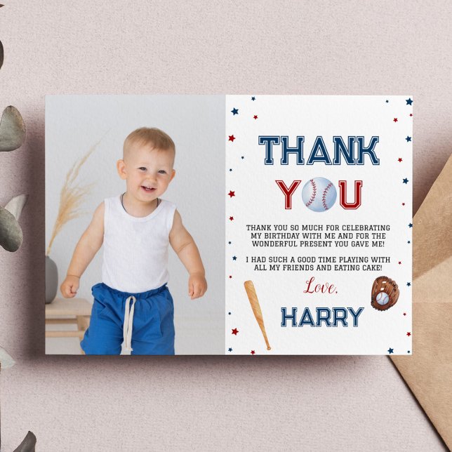 Baseball Birthday Photo Thank You Card Batter Up (Creator Uploaded)