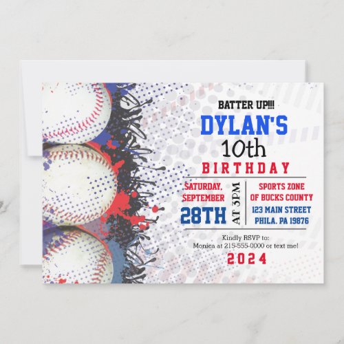 Baseball Birthday Red White  Blue Invitation