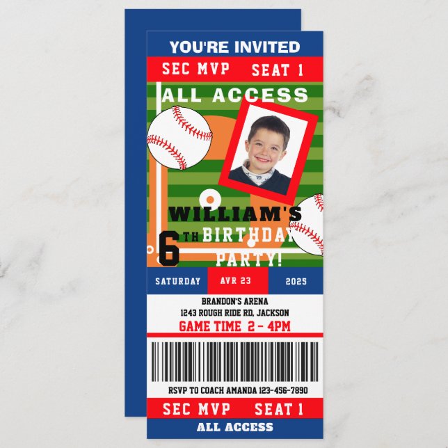 Baseball Birthday Ticket Invitation (Front/Back)