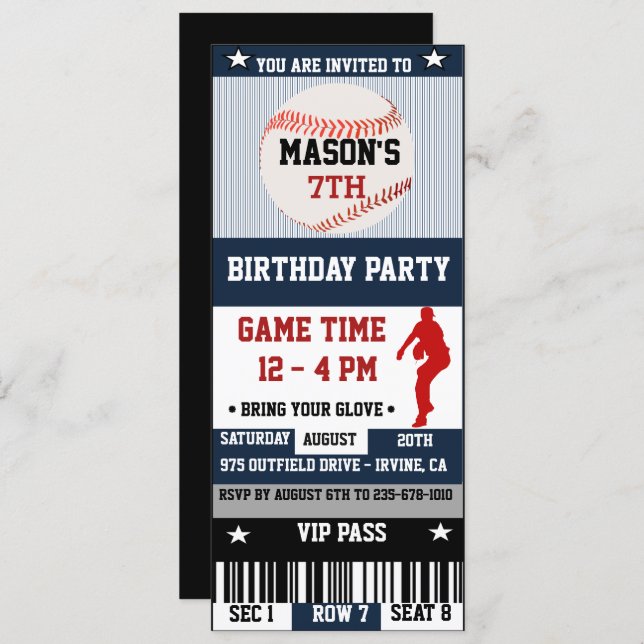 Baseball Birthday Ticket Invitation (Front/Back)
