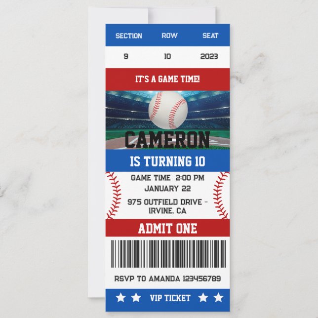Baseball Birthday Ticket Invitation (Front)