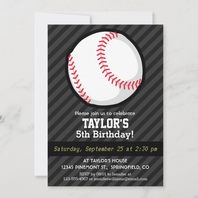 Baseball; Black and Dark Gray Stripes Invitation (Front)